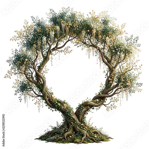 Whimsical circular tree arch with intertwined branches and floral details isolated on transparent background