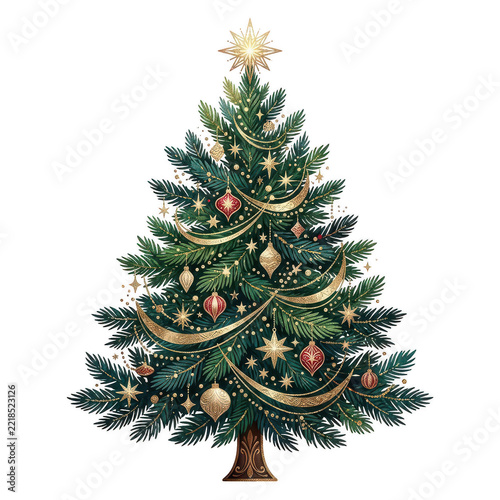 Decorated christmas tree with gold ornaments and star topper isolated on transparent background