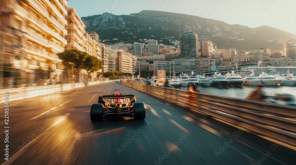 Naklejka premium Formula 1 car driving quickly on a street circuit in monaco during sunset