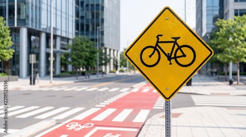 A bright yellow diamond-shaped road sign with a black bicycle symbol is prominently displayed next to a dedicated red bike lane and a pedestrian crosswalk in an urban setting.