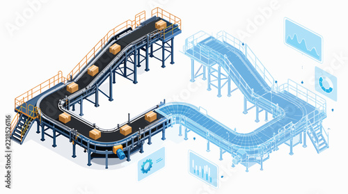 Industrial conveyor belt system with 3D wireframe overlay
