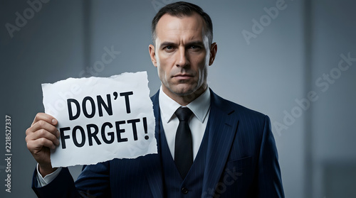 Serious man holding torn reminder sign in formal office setting
