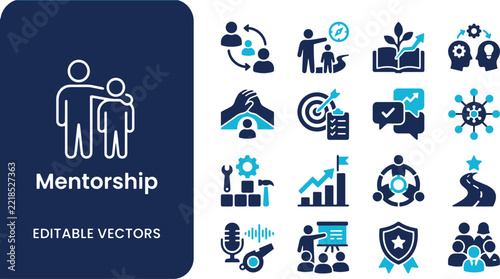 Business mentorship and personal coaching icon set for career guidance leadership development and skills growth