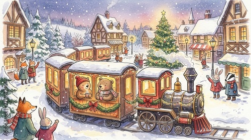 Watercolor Bear Couple Riding a Christmas Train Through a Snowy Town