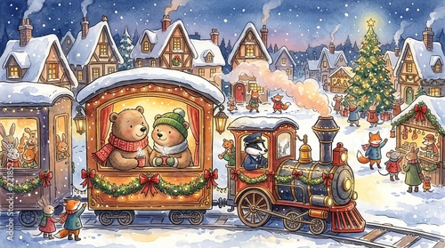 Watercolor Bear Couple Riding a Christmas Train Through a Snowy Town