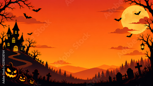 Spooky halloween night background with a haunted castle, full moon, bats, jack-o-lanterns, and graveyard in orange tones