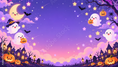 Cute pastel Halloween background with floating ghosts and stars, kawaii style, soft colors.