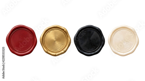 Four circular wax seals in red, gold, black, and white colors isolated on a solid black background