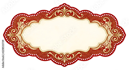 Ornate red and gold decorative frame with scrolled filigree patterns on a black background