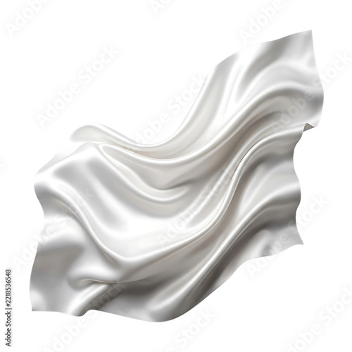 White silk fabric flowing in the air, isolated on a solid black background, with soft shadows, and highlights