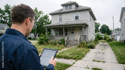 Professional inspector evaluating a residential property with a tablet