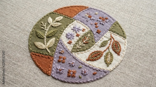 Round embroidery hoop with colorful leaves and floral stitch patterns