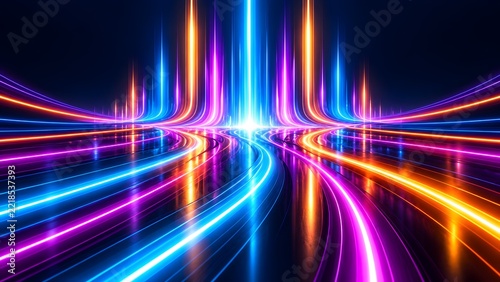 Futuristic abstract background of high-speed digital data transfer with glowing neon light trails in blue purple and orange representing information flow and fiber optic technology concept