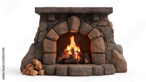Rustic Stone Fireplace with Burning Fire