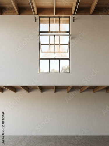 Minimalist Interior Design with High Ceiling and Large Industrial Window, Sunlight Streaming Through Open Pane, Modern Loft Architecture, Empty White Wall Background, Natural Warm Light, Airy Space