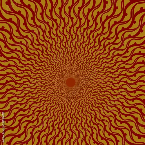 Hypnotic Red Spiral Vortex / Optical Illusion Radial Waves on Golden Background