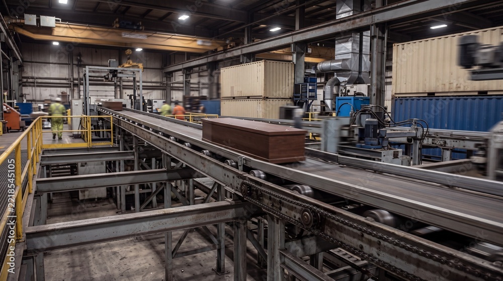 Fototapeta premium Industrial Manufacturing Facility with Conveyor Belts and Machinery Equipment.