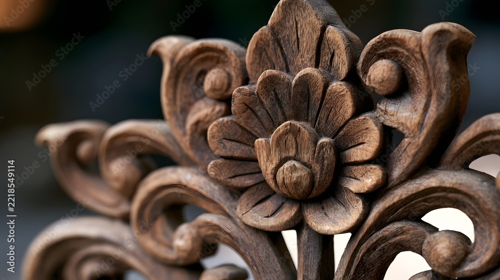 Naklejka premium Close up of intricately carved wooden floral motif with swirling patterns and detailed craftsmanship