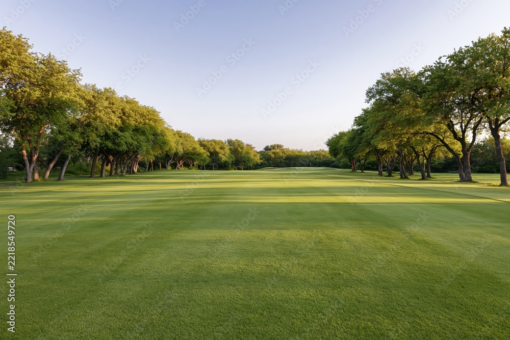 Fototapeta premium The Serene Golf Course Fairway Under Bright Sky and Shaded Trees