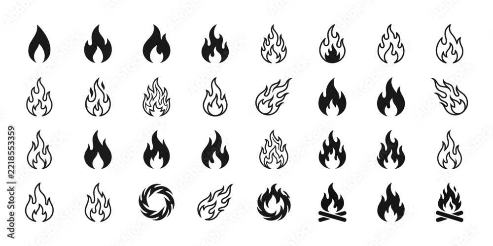 Fototapeta premium A comprehensive collection of diverse vector fire and flame icons presented in various modern styles