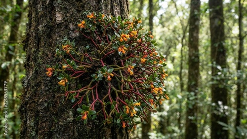 epiphytic orange flowering plant growing on a tree trunk in a tropical forest