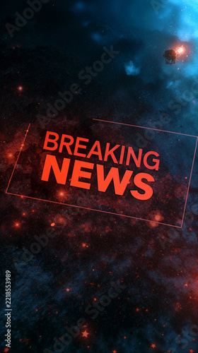 Breaking news text graphic on abstract dark digital background with glowing orange lights and blue nebula atmosphere