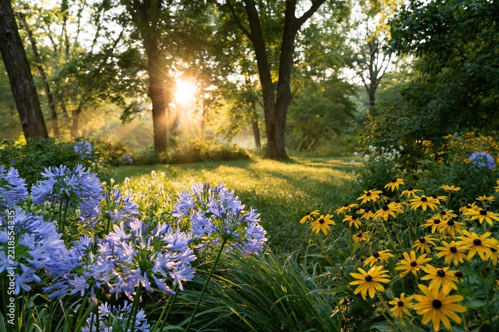 Fototapeta premium The Sunlit Garden Scene Featuring Alliums and Black-Eyed Susans in Bloom
