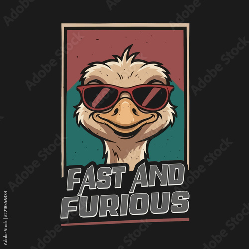 Stylized cool ostrich head wearing red sunglasses with fast furious graphic text print.