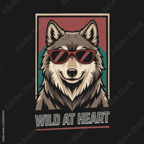Stylized wolf wearing red sunglasses in retro framed illustration with bold caption.