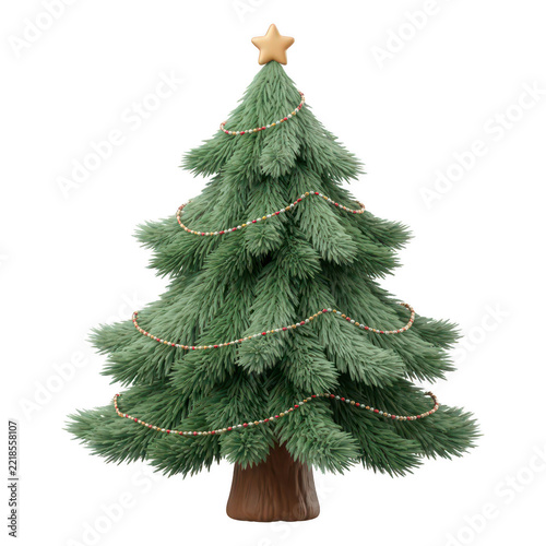Small green christmas tree with beaded garland and gold star topper isolated on transparent background