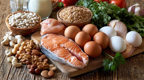 Raw salmon fillet, chicken, eggs, nuts, and grains on a wooden table, healthy food ingredients.