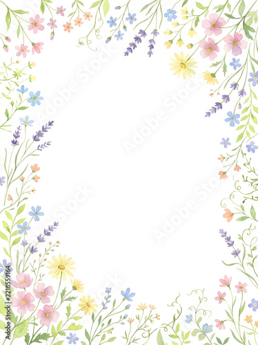Charming watercolor floral frame featuring hand-painted pastel wildflowers, pink roses, yellow daisies, lavender spikes, and green leaves arranged in a delicate botanical border composition