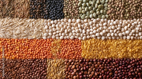 Various types of dried grains, beans, and lentils arranged in parallel rows, top view food texture.