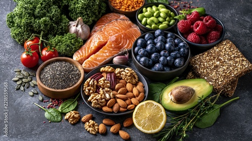 Assorted healthy superfoods, salmon fillets, fresh vegetables, berries, nuts, and seeds on table.