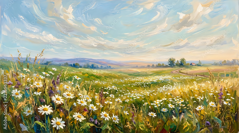 Naklejka premium A serene impressionist landscape painting depicting a lush meadow filled with blooming white daisies under a soft golden sunset sky