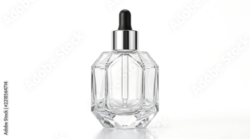 Hexagonal Glass Dropper Bottle with Silver Cap Isolated on White Background