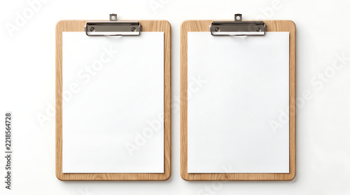 Two Wooden Clipboards with Blank Paper Mockup Isolated on White Background