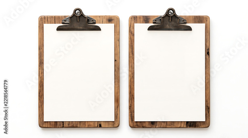 Two Wooden Clipboards Side by Side with Blank Paper Isolated on White Background
