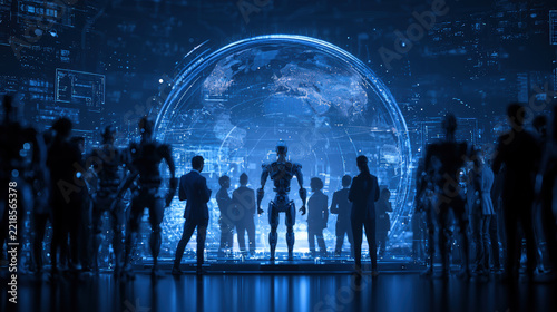Silhouettes of humans and humanoid robots standing together before glowing digital globe in futuristic smart city environment