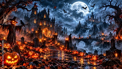 Spooky halloween night landscape with jackolanterns and haunted gothic castle