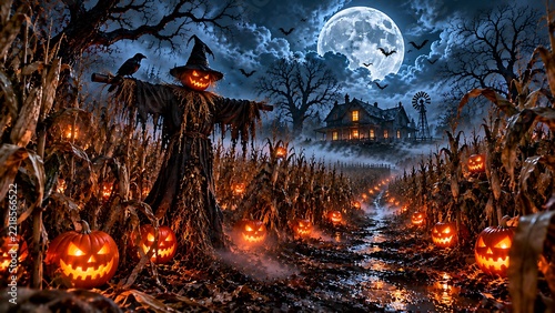 Scary halloween scarecrow standing in a dark cornfield with glowing pumpkins under a full moon