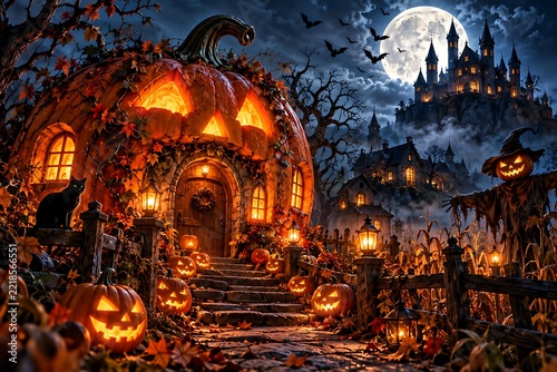 A magical pumpkin house at night with spooky jackolanterns and a gothic castle under a full moon