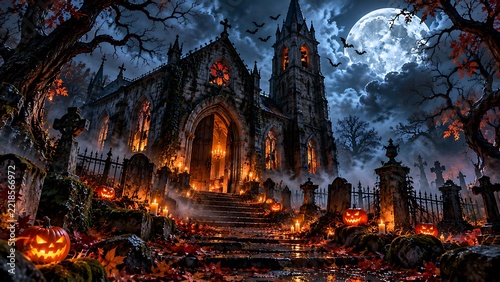 Spooky haunted gothic church in a graveyard during a full moon halloween night with glowing pumpkins and autumn leaves