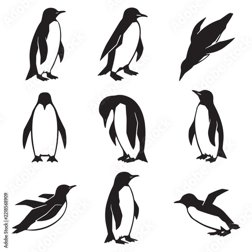 Penguin silhouettes vector set for wildlife nature ocean theme isolated on white background