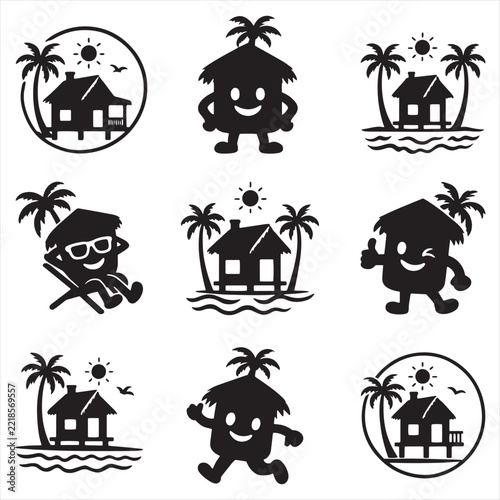 Tropical beach house vector icons set with palm trees and sun isolated on white background