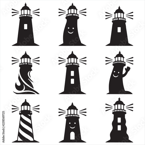Cute cartoon lighthouse vector icons set for maritime navigation safety isolated on white