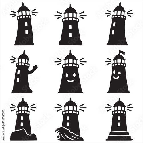 Cute cartoon lighthouse vector icons set for maritime navigation safety isolated on white