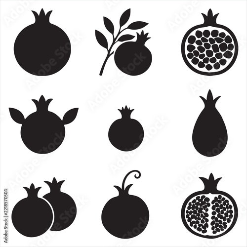 Pomegranate fruit vector icons and silhouettes set isolated on white background