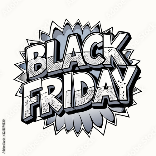 Black Friday sale graphic design in gray and white with a comic book style. Promotional art for a Black Friday sale.