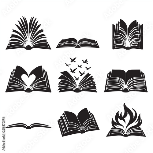Open book vector icons set for education reading library and logo design isolated on white
